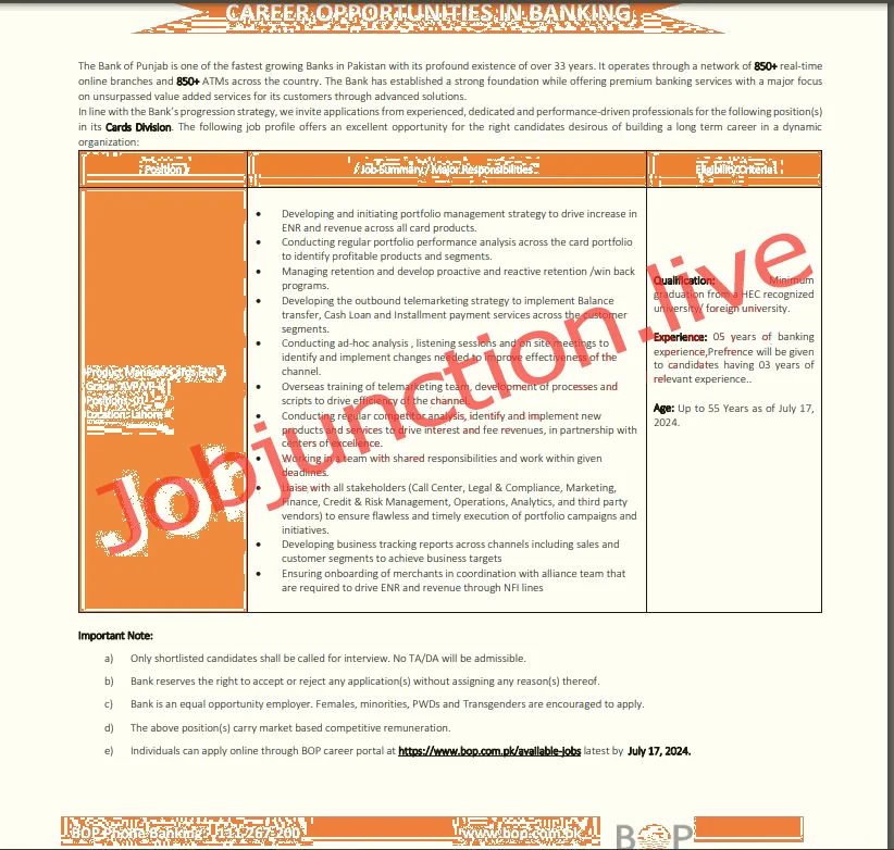 Bank Of Punjab Jobs In Lahore 2024